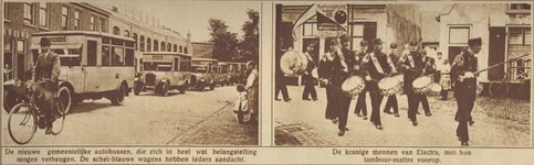 870161 Collage van 2 foto's betreffende de introductie van nieuwe stadsbussen in de stad Utrecht, met links een ...